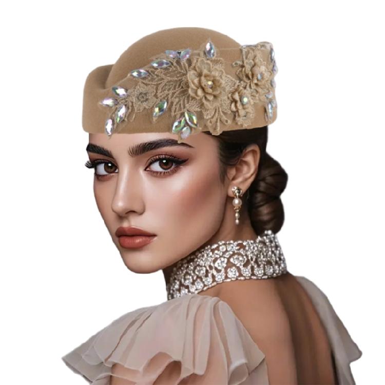 Vintage Fascinator Beret Hat Wool Derby Flower Patched Hats for Cocktail Party Flower Bowler Hat 1920s Lady Church Hat