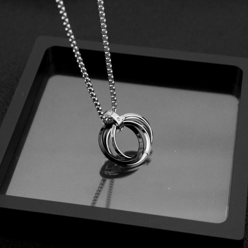 Long Chain Around The Neck Crystal Black Blue Ring Buckle Charm Pendant Necklace Stainless Steel Necklaces For Women Men Jewelry