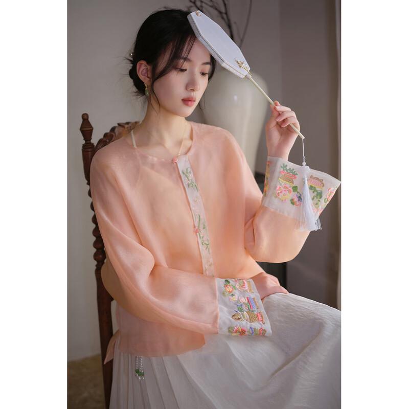 

JK&JS Women s New Chinese Style Floral Embroidered Lightweight Sheer Shirt Jacket M