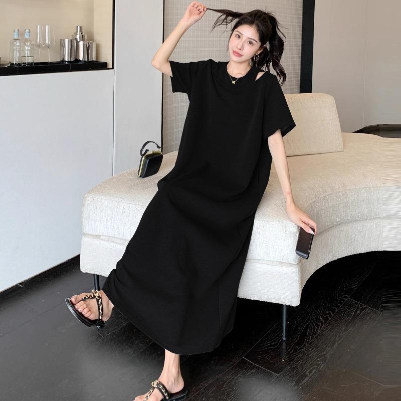 Women's Lazy T-shirt Dress Summer Temperament Off-the-shoulder Plus Size Slimming Over The Knee Dress