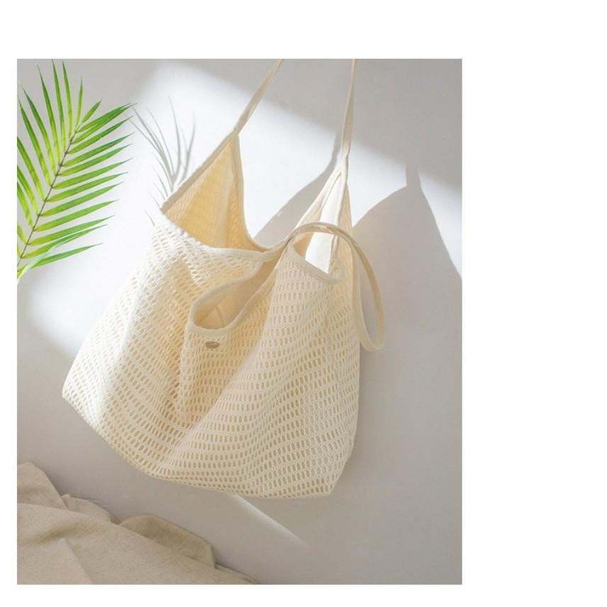 IELGY women's Korean version canvas beach bag, small fresh and large-capacity fishing net tote bag