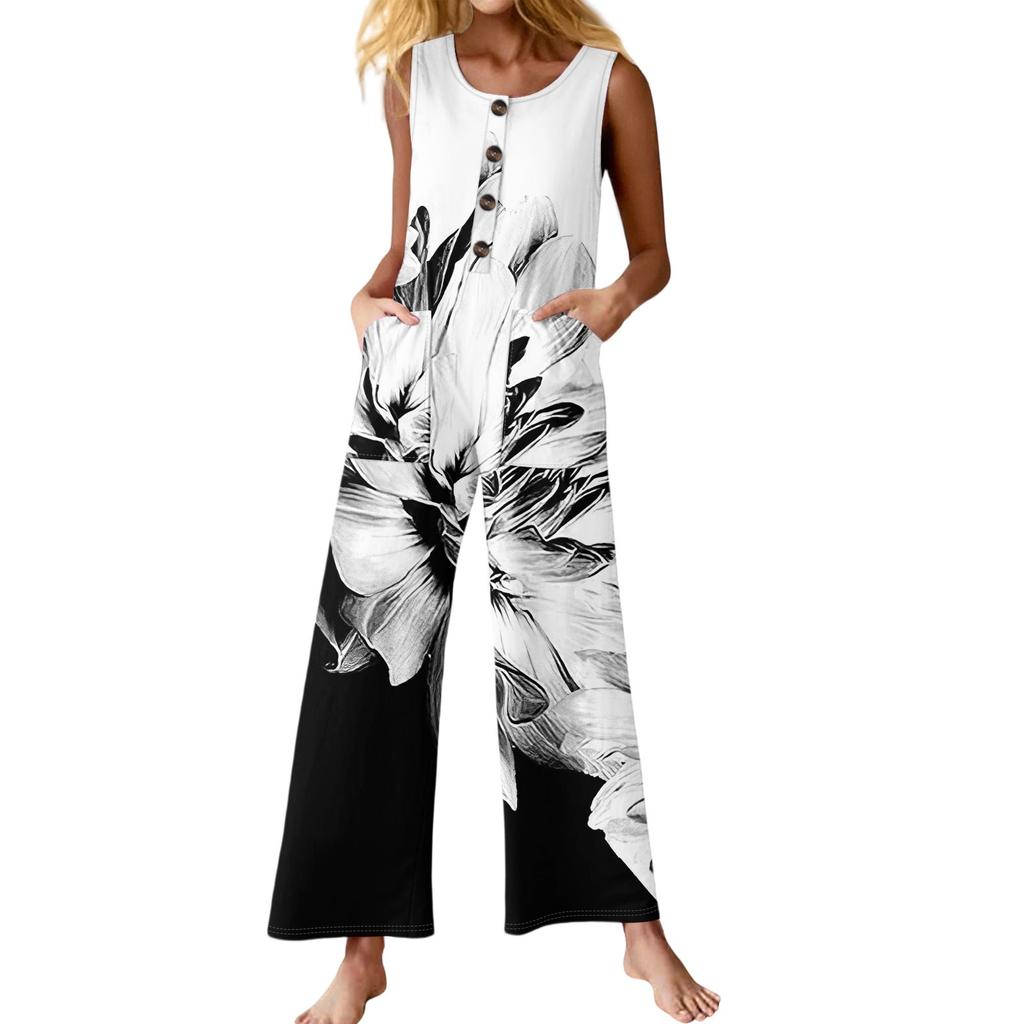 Women's Fashion Casual Button Sleeveless Jumpsuit Floral Flower Print Cotton Pocket Jumpsuit