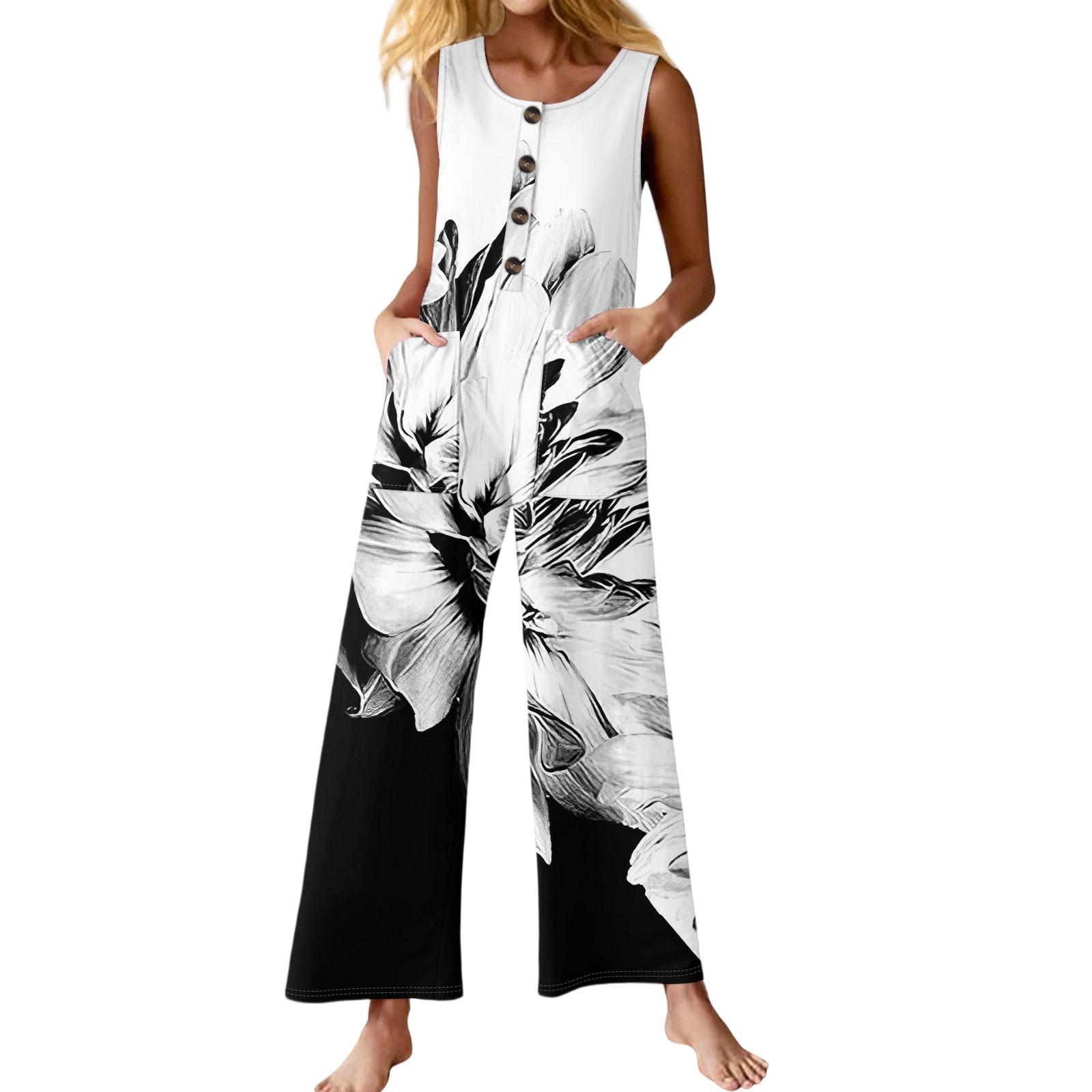 

Женский модный повседневный комбинезон без рукавов с пуговицами и цветочным принтом, хлопковый комбинезон с карманами S чёрный