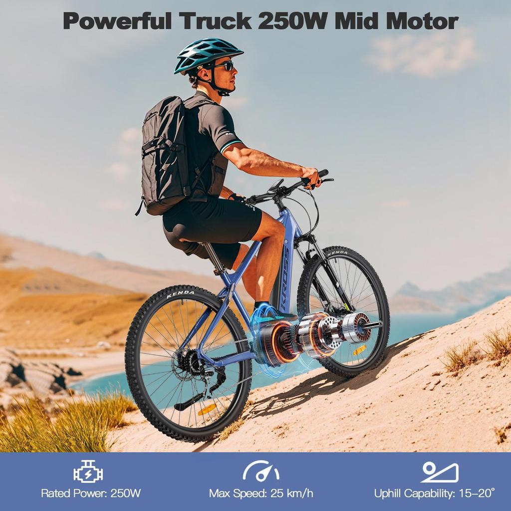KROSS  Electric Mountain Bike 250W Mid Motor , 43.2V Removable Battery, Front Suspension