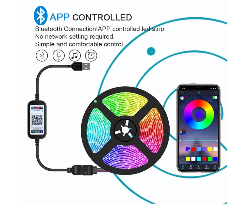 5M Smart RGB LED Strip Lights with App Control and Music Sync for Home Kitchen TV Party