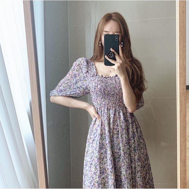 Rochie de vară 2022 coreeană cu gât pătrat, plisată, cu talie înaltă, cu mâneci bufante, din șifon floral