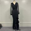 Black Mesh Sequin Wrap Dress With V-Neck Mid-Waist Fitted Silhouette Elegant Office Wear Long Skirt