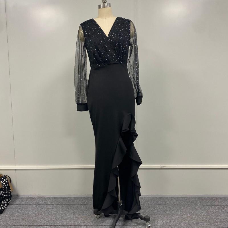 Black Mesh Sequin Wrap Dress With V-Neck Mid-Waist Fitted Silhouette Elegant Office Wear Long Skirt