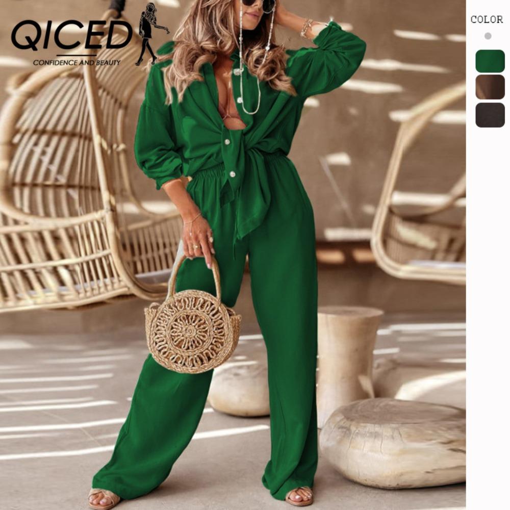 

QICED женские модные весенне-осенние однотонные брюки-поло с длинными рукавами и принтом, брюки, костюмы