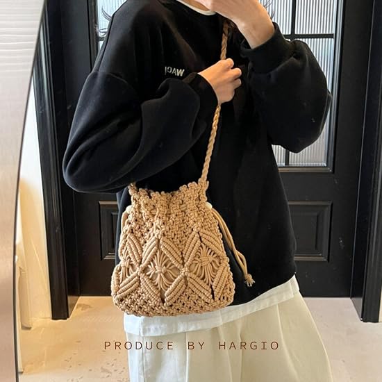 [Halzio] Straw Bag Shoulder Drawstring Bag Women's Basket Bag Yukata Straw Woven Crossbody Small Min