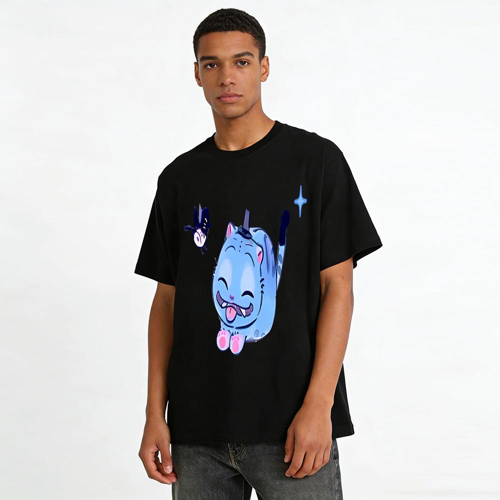 Funny Goofy Blue Cat & Bird Print Casual T-Shirt Unisex Loose Comfortable Daily Wear Top Pure Cotton T-shirt