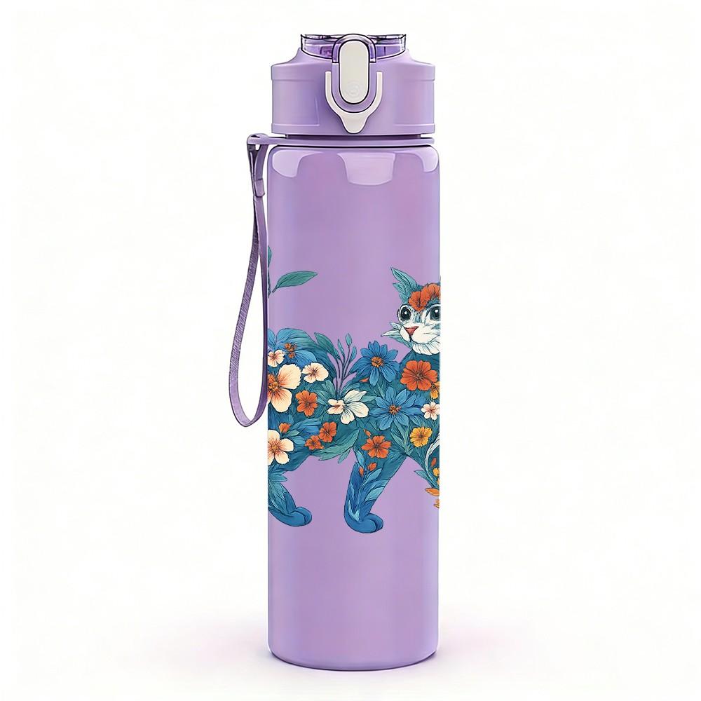 1PC Blue Floral Cat Cartoon 750ml Color Plastic Sports Water Bottle Leakproof Flip Straw Lid Suitable for Sports Office Home Use