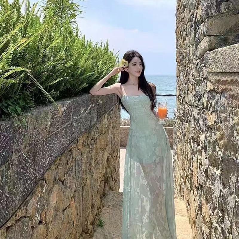 

2026 Spring Seaside Resort Green A-Line Dress for Girls - Waist-Cinched, Versatile & Beautiful Large зелений