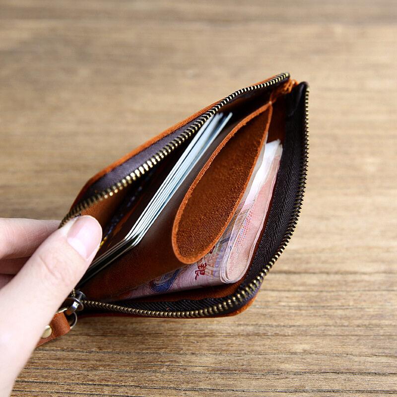 Crazy Horse Leather Handmade Wallet Retro Small Coin Money Bags Simple Wallets Zipper Pouch Card Holdes