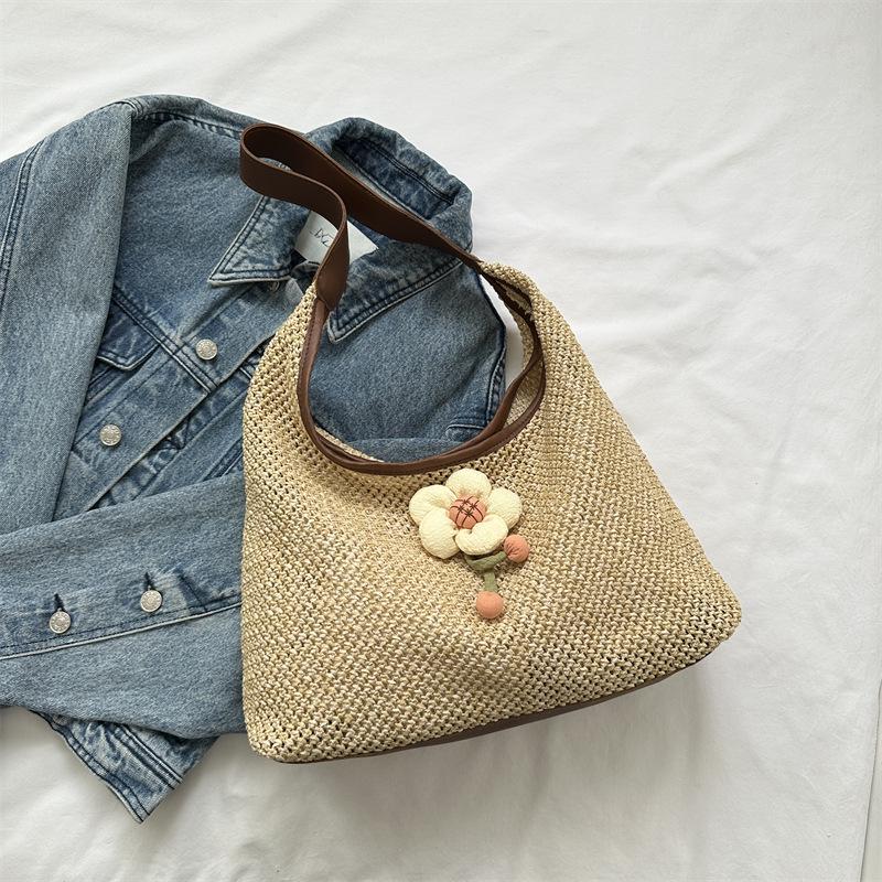 

2025 Лето Большая вместительная плетеная сумка через плечо с цветочным принтом - Модная и шикарная женская сумка кофейный