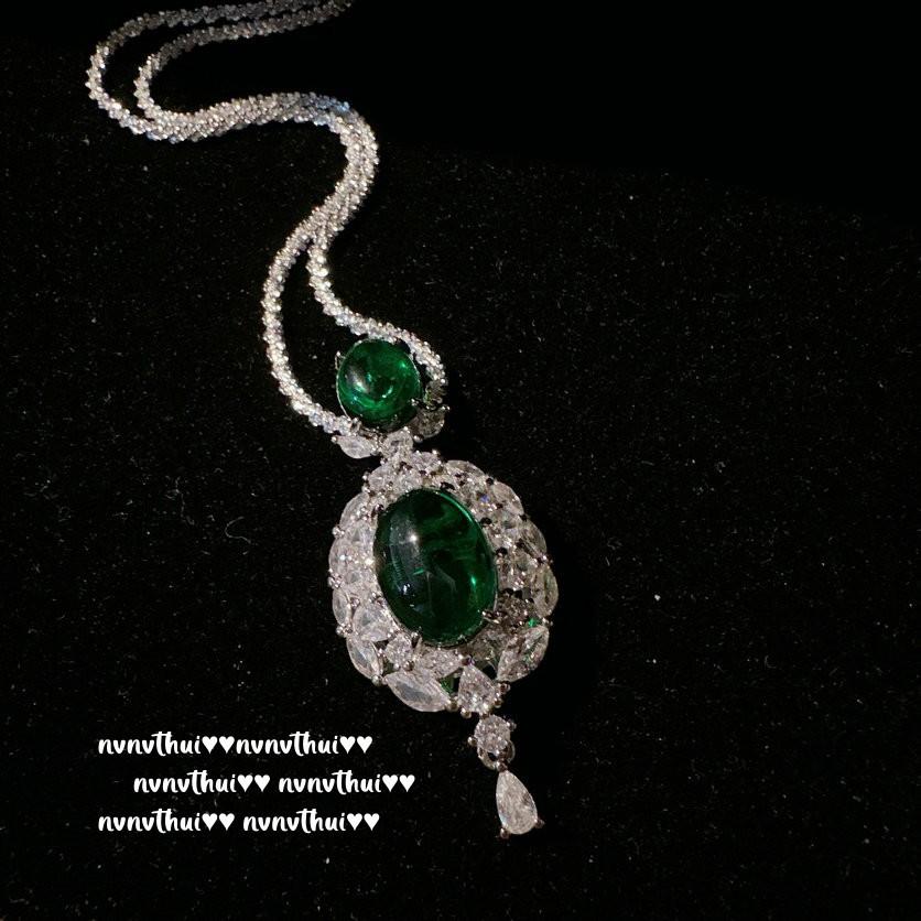Margaret Tip Jewel Necklace, Antique, 18K Gold Plated, Mojito Green Sugar Tower Zircon Earrings Combination