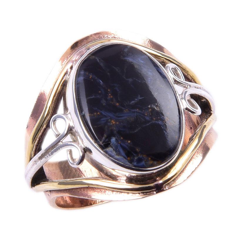 Natural Pietersite Gemstone 925 Sterling Silver Jewelry Two Tone Ring S.7.5 d7S57
