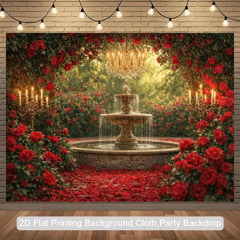 Enchanted Evening Garden Backdrop, Red Roses & Golden Fountain Photo Banner for Events 47.2x31.5inch/120*80cm