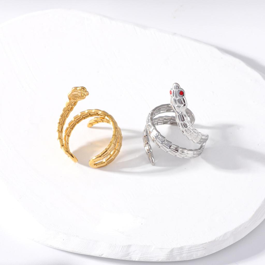 Gold Plated Snake Shape Stainless Steel Ring - European & American Fashion, French Retro Titanium Steel Jewelry.