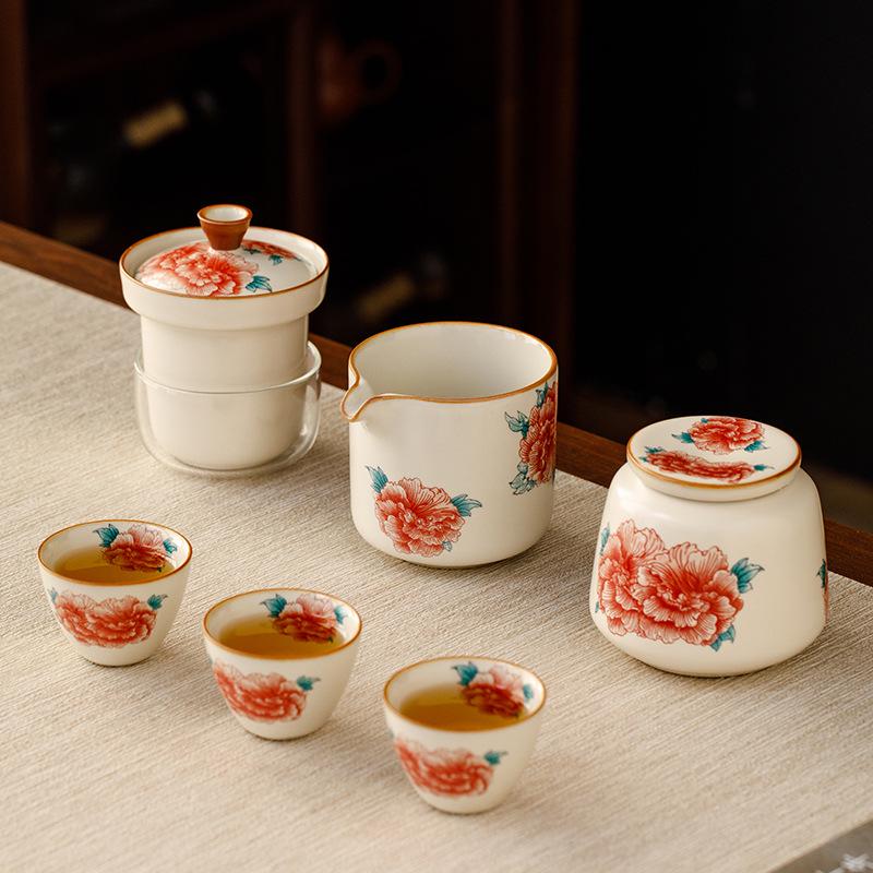 Ru Kiln Peony Quick Cup: Portable Outdoor Tea Set with One Pot and Four Cups