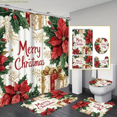 1/4pcs Merry Christmas Winter Shower Curtain Set, Ball Poinsettia Gift Box Bow Vintage Red Green Shower Curtain for Christmas