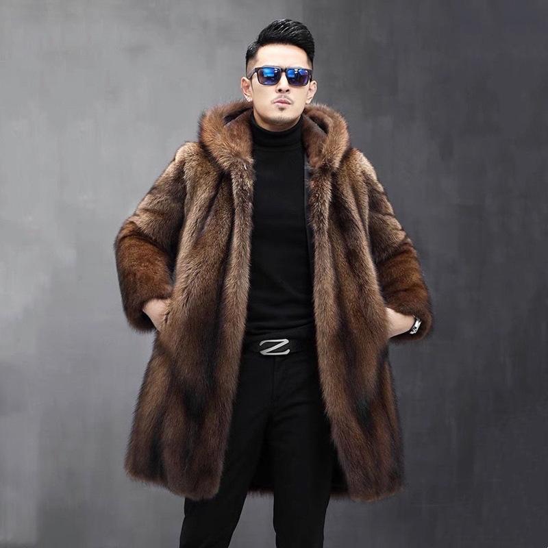 Men's Hooded Mink Coat Winter New Men's Whole Mink Long Warm Mink Fur Jacket Casual Large Size