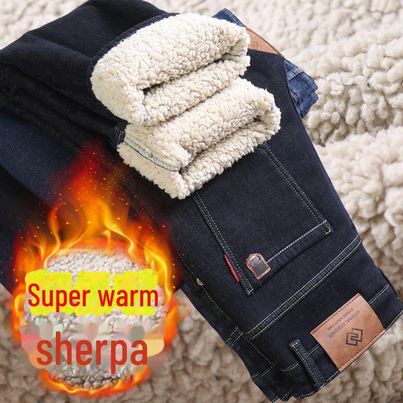 Men's Winter Fleece-Lined Thick Jeans: Loose Straight, Durable Warm Pants