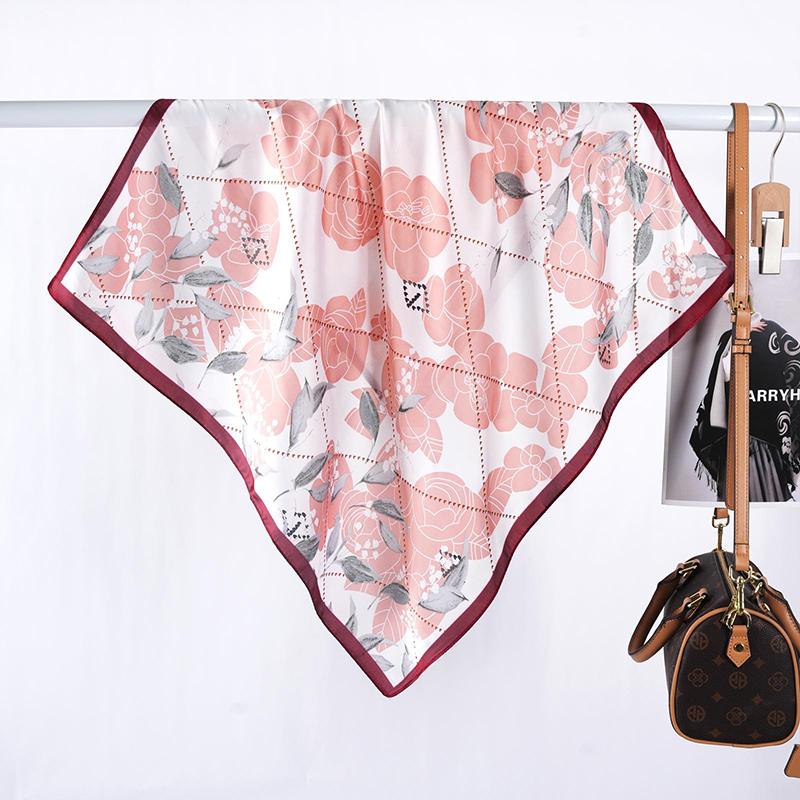 Elegant Women Satin Silk Scarf Sweet Plaid Floral Print Wrap Shawl Lady Bandanas Hijab Square Scarve Pareo Headscarf Fashion New