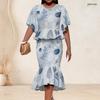 Women Plus Size Printed Round Neck Batwing Sleeve Ruffle Hem Top Fishtail Skirt Two Piece Set