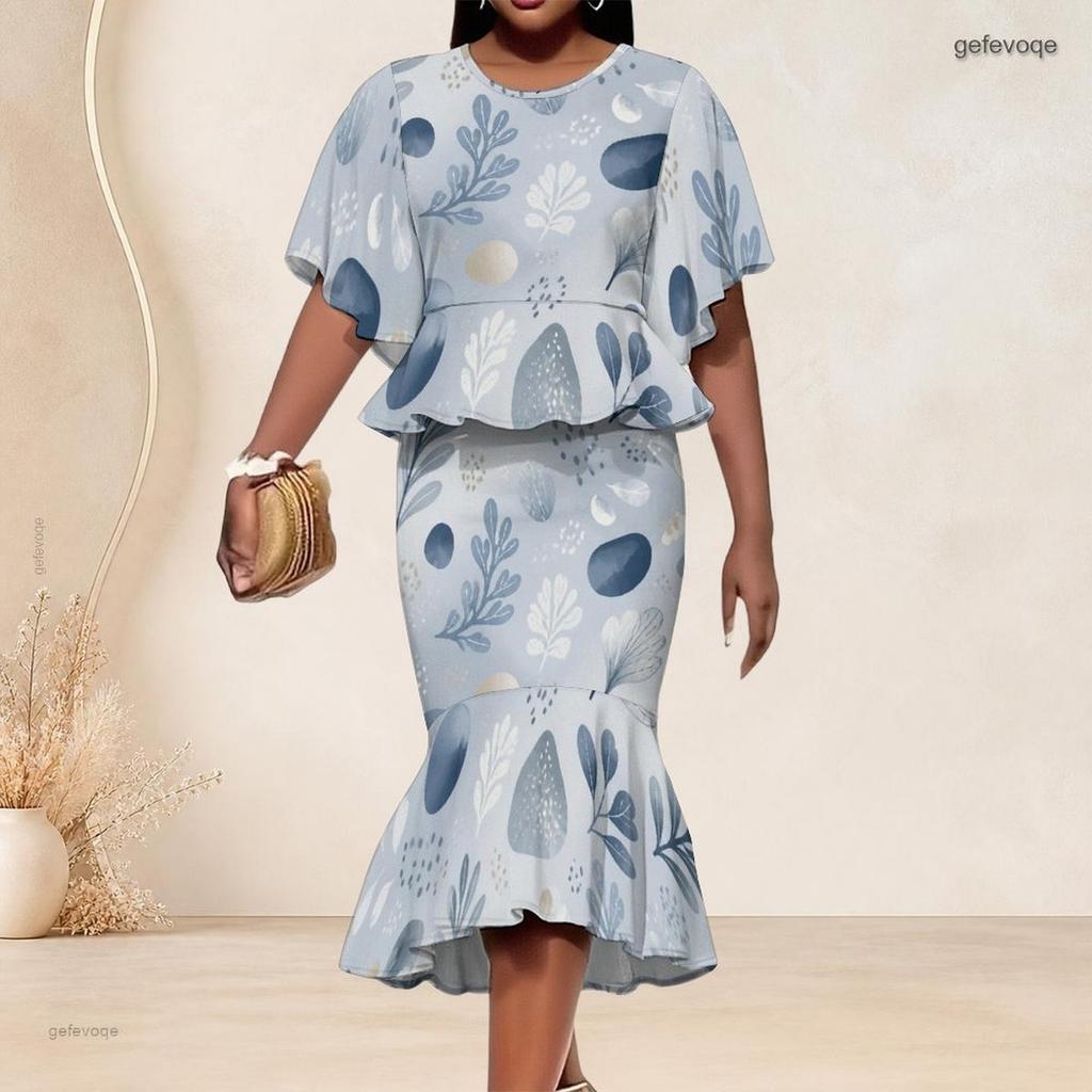 Women Plus Size Printed Round Neck Batwing Sleeve Ruffle Hem Top Fishtail Skirt Two Piece Set