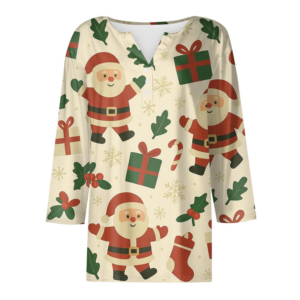 Women's Fashion Casual Halloween Printed V-Neck Short Sleeve Decorative Button Three-quarter Sleeve T-shirt Top