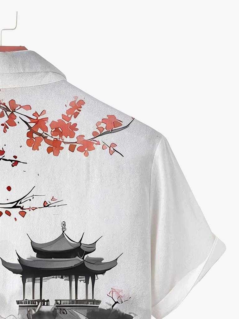[Printed Design - Not Texture] Men'S Short Sleeve Shirt - Sakura And Asian Architectural Design, Regular Fit Casual Shirt, Suitable for Summer Outdoor
