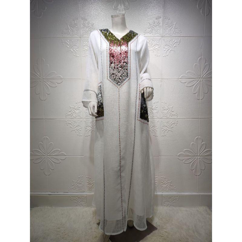 

Middle East Dubai Ethnic Style Sequined Embroidered Loose V-neck Dress Loose V-neck Sequin Dress White L