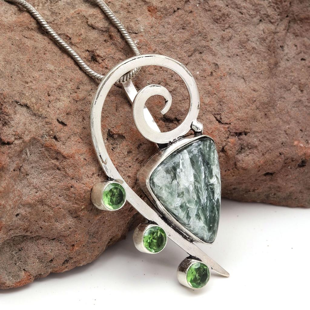 Seraphinite Peridot Gemstone Mother's Day Silver Jewelry Pendant  2.25"
