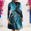 Women Plus Size V Neck Long Sleeve Blue Gold Printed A Line Dress