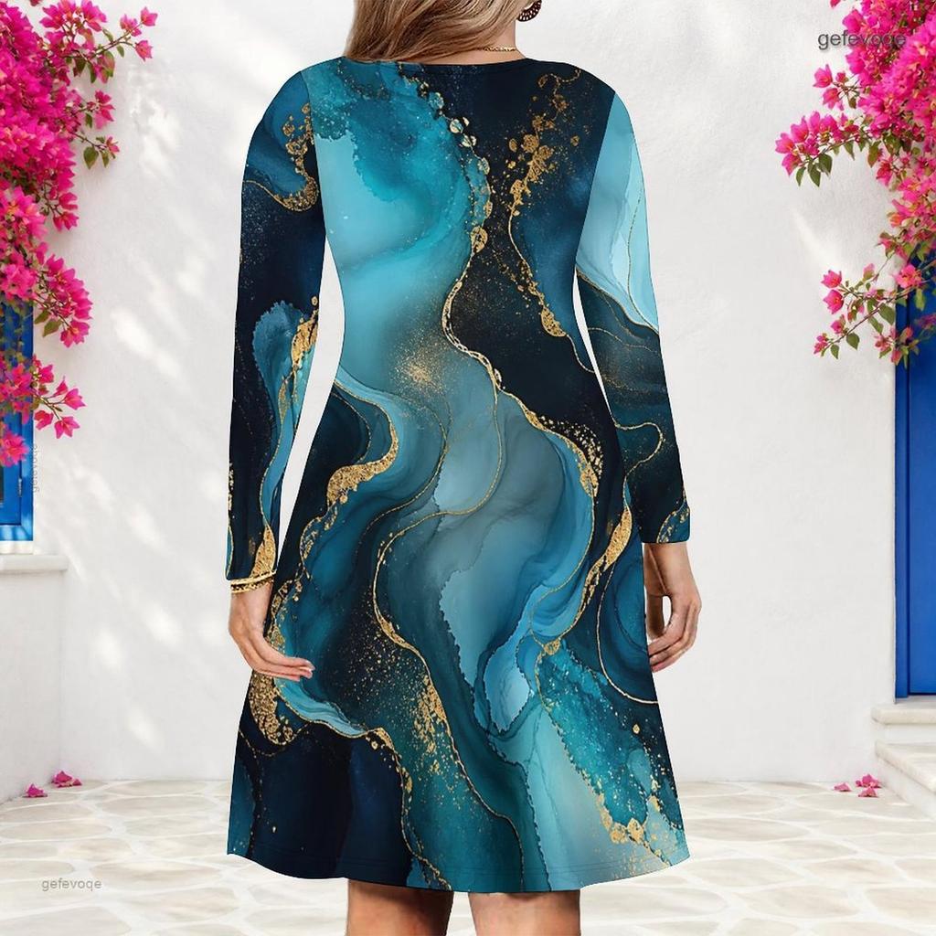 Women Plus Size V Neck Long Sleeve Blue Gold Printed A Line Dress