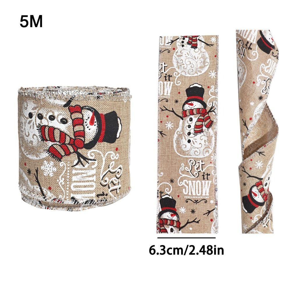Festive Ribbon Linen Christmas Ribbon Snowflake Print 5M Roll Wire Edge Ribbon Red Green Linen Ribbon Christmas Decoration