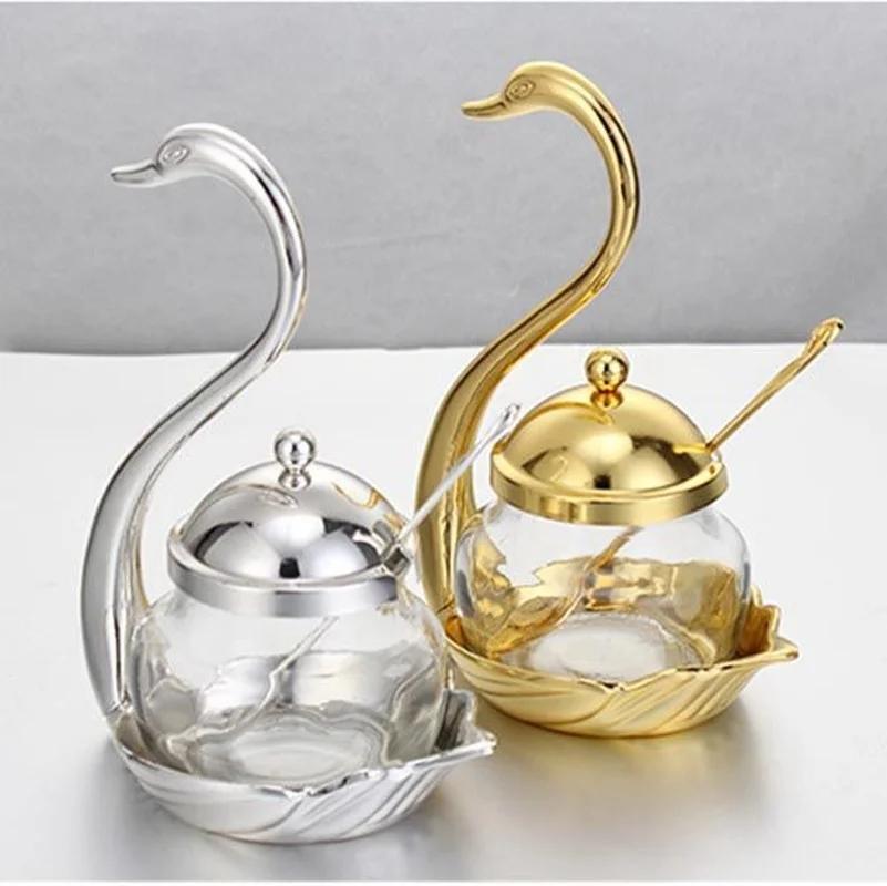 Top Aluminum alloy Condiment Pot Seasoning Container Spice Glass Jar Salt Sugar Bowl Pepper Coffee Storage Organizer Swan MJ