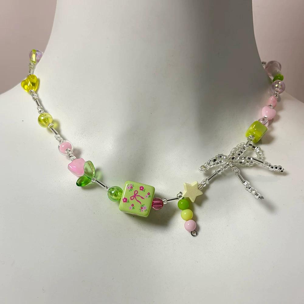 2026 Trendy Handmade Beaded Colorful acrylic Bowknot Star Pendant Necklace For Women Summer Y2k Sweet Aesthetic Neck Jewelry