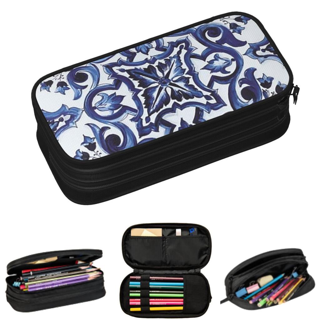 Blue Ornate Floral Mediterranean Sicilian Tile Pencil Cases for Students School Pen Box Pencil Bag Large Storage Pencil Pouch