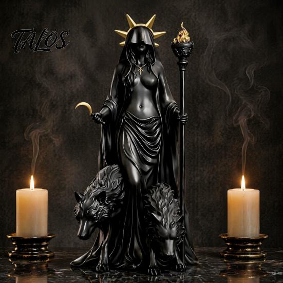 Kompakte gruselige Dekoration Hekate Griechische Göttin Statue mit magischen Hunden, Fantasy-Thema Okkultes Zimmerdekor Harzskulptur, Mythologische Figur für