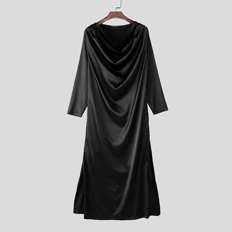 

INCERUN Men Swing Neck Long Sleeve Solid Color Satin Casual Loose Long Tunic Tops 3XL чорний
