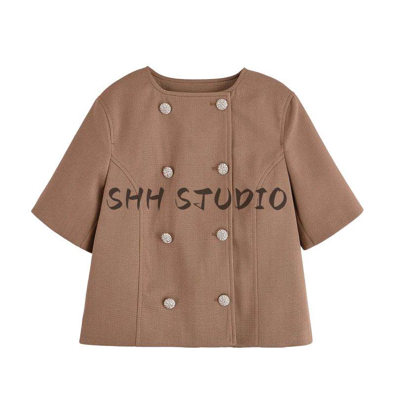 Short Sleeve round Neck Double Breasted Decorated Row Button Tops 2902835 High Waist Straight-leg Minimalist Casual Pants 2899835