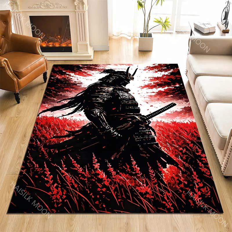 Samurai silhouette in red field Print Carpet Rug for Living Room Bedroom Sofa Doormat Home Decor Non-slip Floor Mat