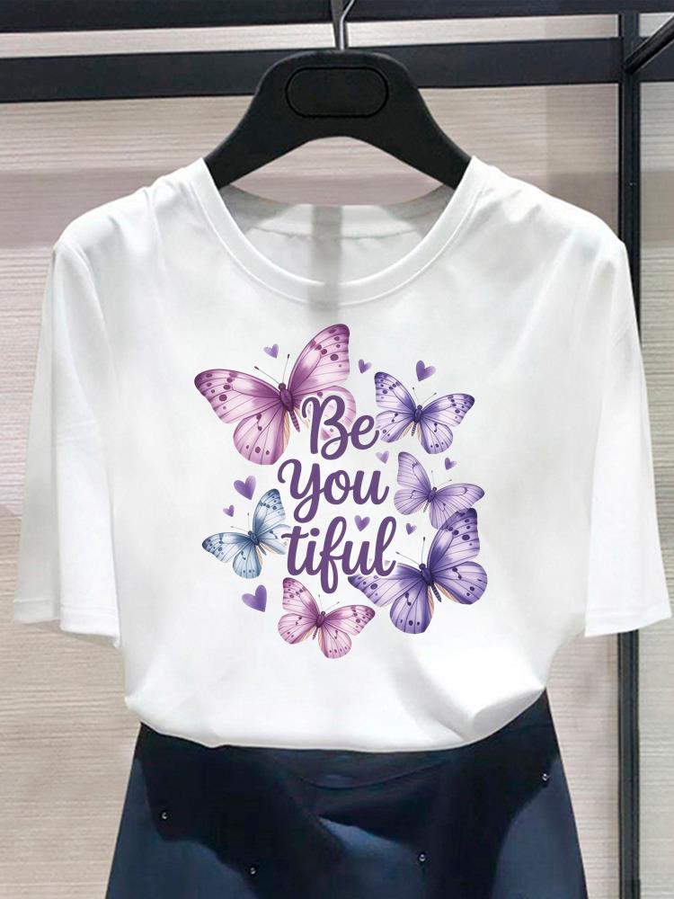 (Asian Size) Lovely Flower Trend Women's Top Print O-neck Casual T Fashion Female Clothing Graphic Tee Short Sleeve T-shirts