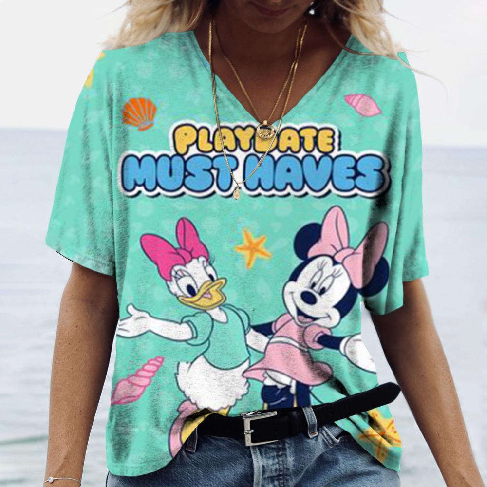 Casual Loose Top V-neck Versatile Short Sleeve Fashion Print T-Shirts Women’s