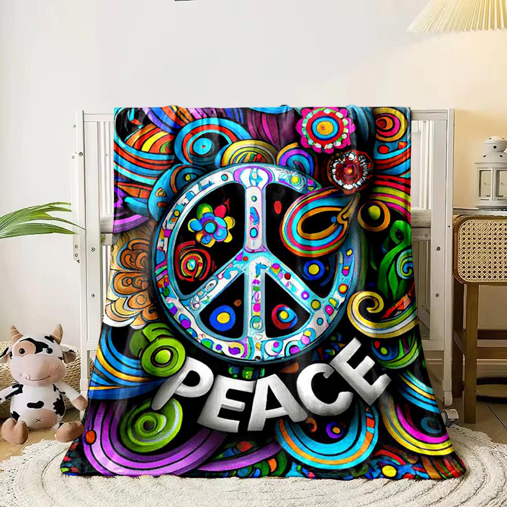 Colorful Peace Symbol with Floral Patterns - Flannel Blanket for Bedroom, Living Room, Sofa, and Nap Sofas.