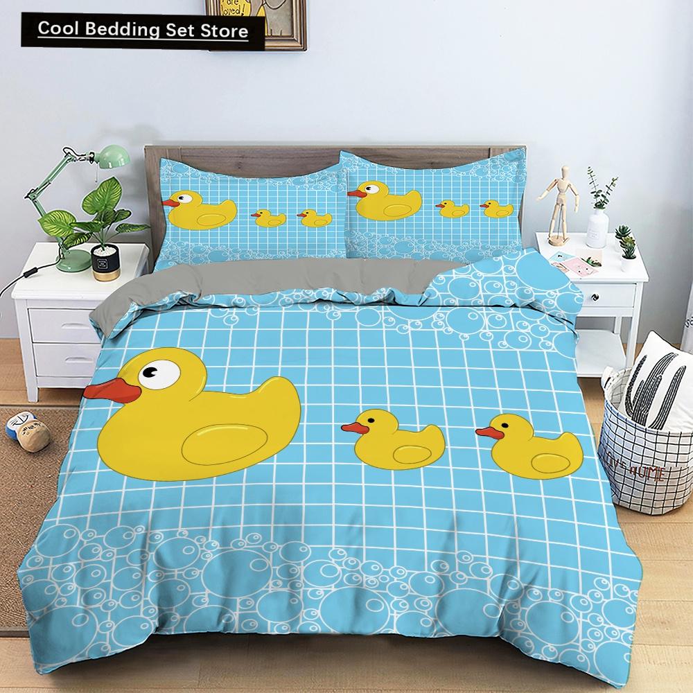 Cartoon Yellow Duck King Queen Duvet Cover Farm Lovely Animal Bedding Set Blue Bubble Quilt Cover Soft Polyester Comforter Cover