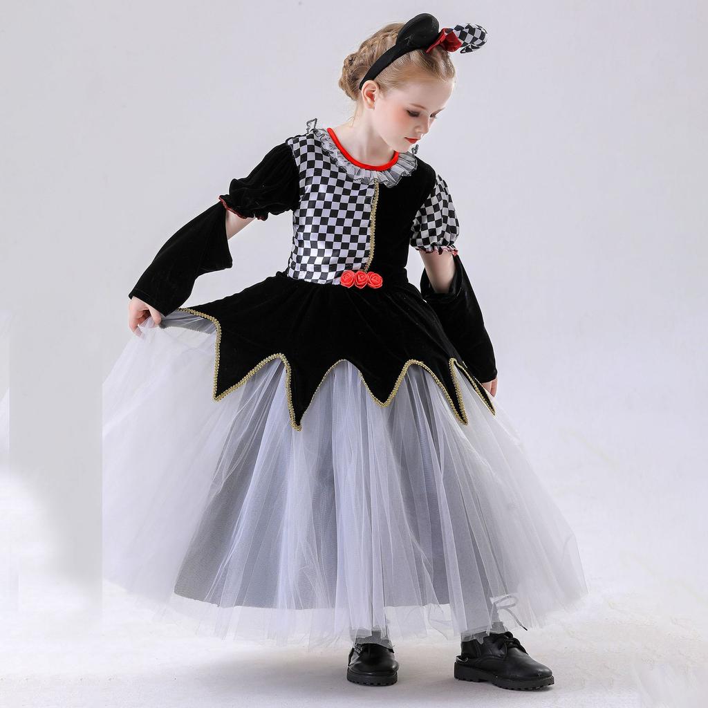 120-150cm Kinder Poker Dame Schwarz Weiß Kariert Clown Prinzessin Rock Halloween Kostüm