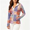 Women's Fashion Zip Up Hooded Long Sleeve Jacket With Tie- Print & Pockets